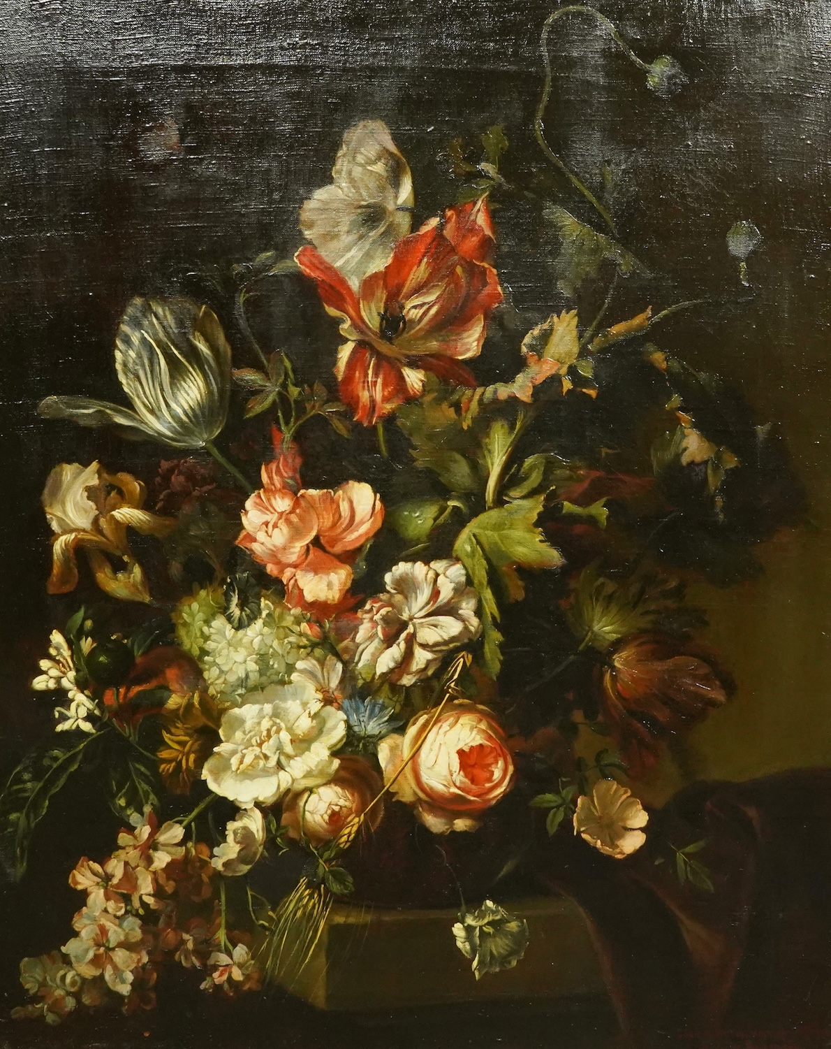 After Herman van der Mijn (1684-1741), 17th century still life of flowers on a ledge, oil on canvas, 77 x 62cm